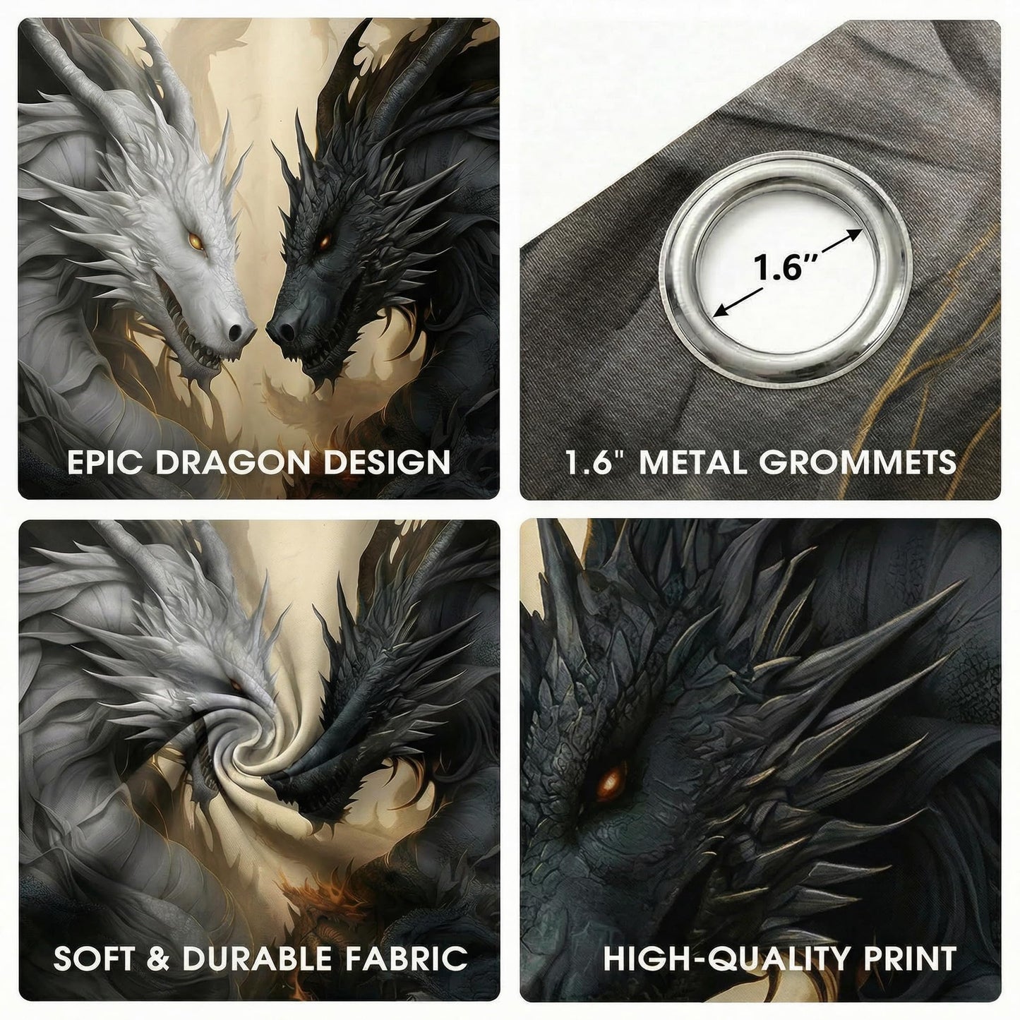 Dragon Blackout Curtains for Girls Boy Home Decor, Fantasy Medieval Magical Black White Dragon Grommet Thermal Insulated Drapes Darkening Window Curtain for Bedroom Living Room, 42 x 45 Inch