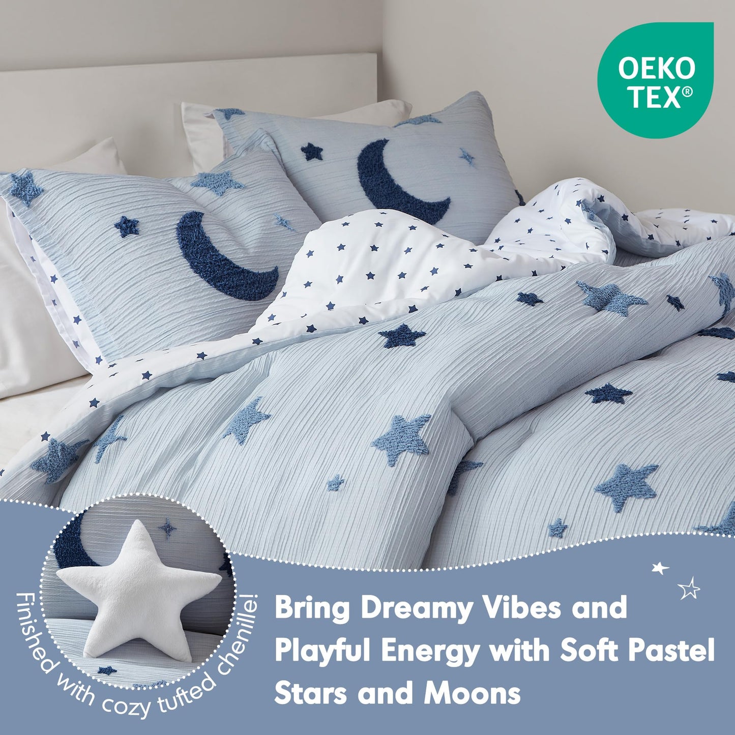 Intelligent Design Kids Cosmos Twin Size Comforter Set – Blue Star and Moon Tufted Chenille, Reversible 3-Piece Bedding with Star Pillow