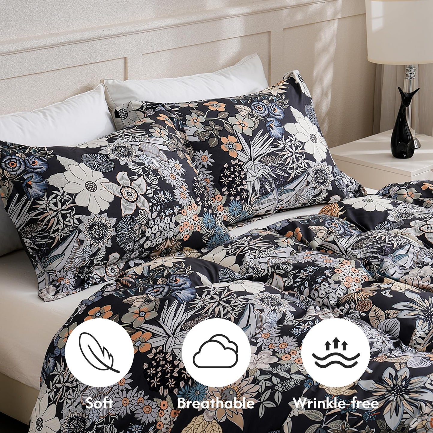 LONAVA Queen Flower 3 Pcs Duvet Cover Set, Breathable Soft Microfiber Black Lining Comforter Cover with Zipper Closure, and 2 Anti-Pilling, Fade Resistant Pillowcases, Midnight Blossoms