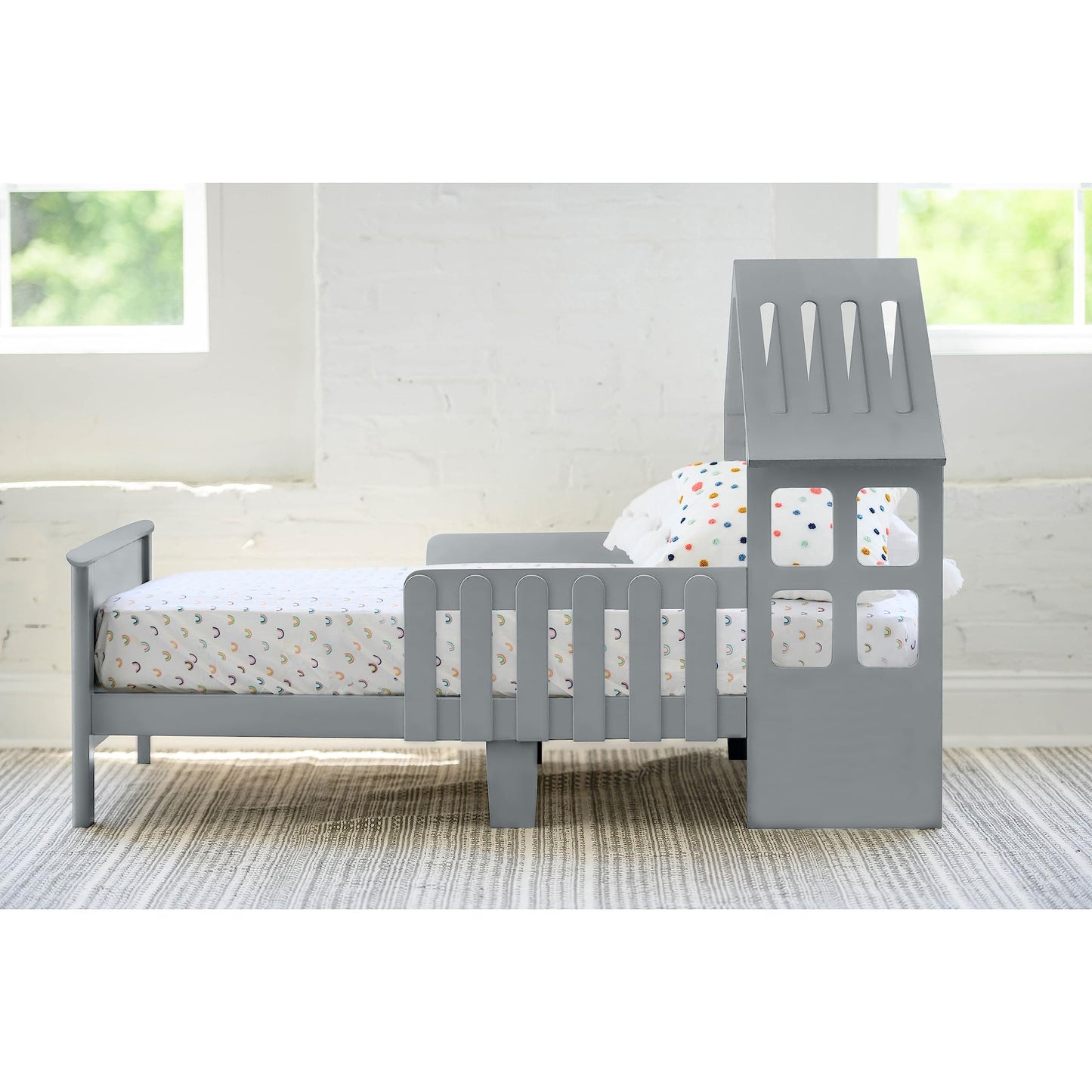 Little Partners Lil' House Toddler Bed, Solid Wood Home-Shaped Child's Bed Frame with Rails & Two Safety Guards, Fits Crib Size Mattress, Easy Access Low-to-Ground Modern Design (Silver Drop)