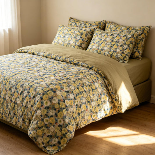 CCoutueChen Cottagecore Floral Comforter Set Queen Size, Soft Breathable Vintage Flower Bedding Set with Reversible Solid Khaki Back,3 Pieces Boho Botanical Bedding for All Seasons/90 x90
