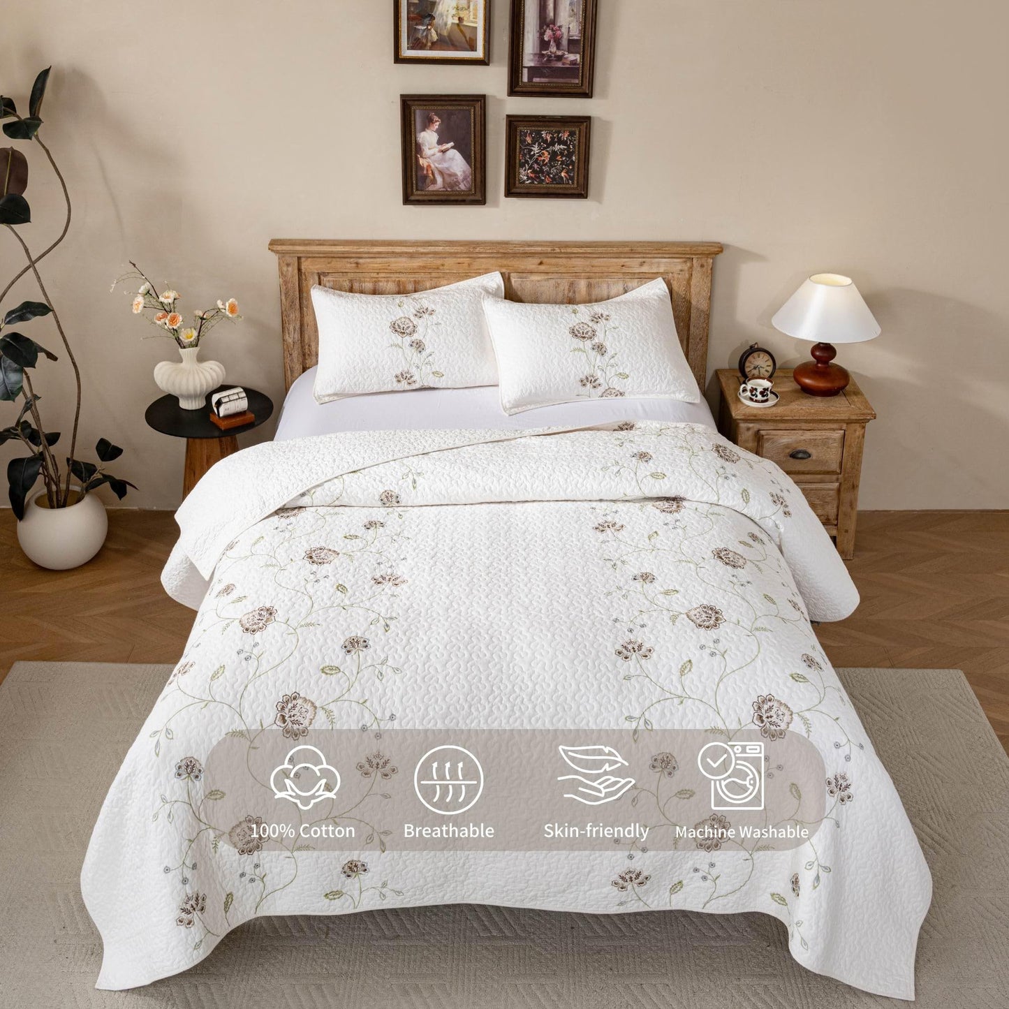 meadow park Embroidery Quilt Set 3-Piece Prewashed. 100% Cotton. Embroidery and Allover Quilting. Queen Size Bed Spread. Ivory Color.