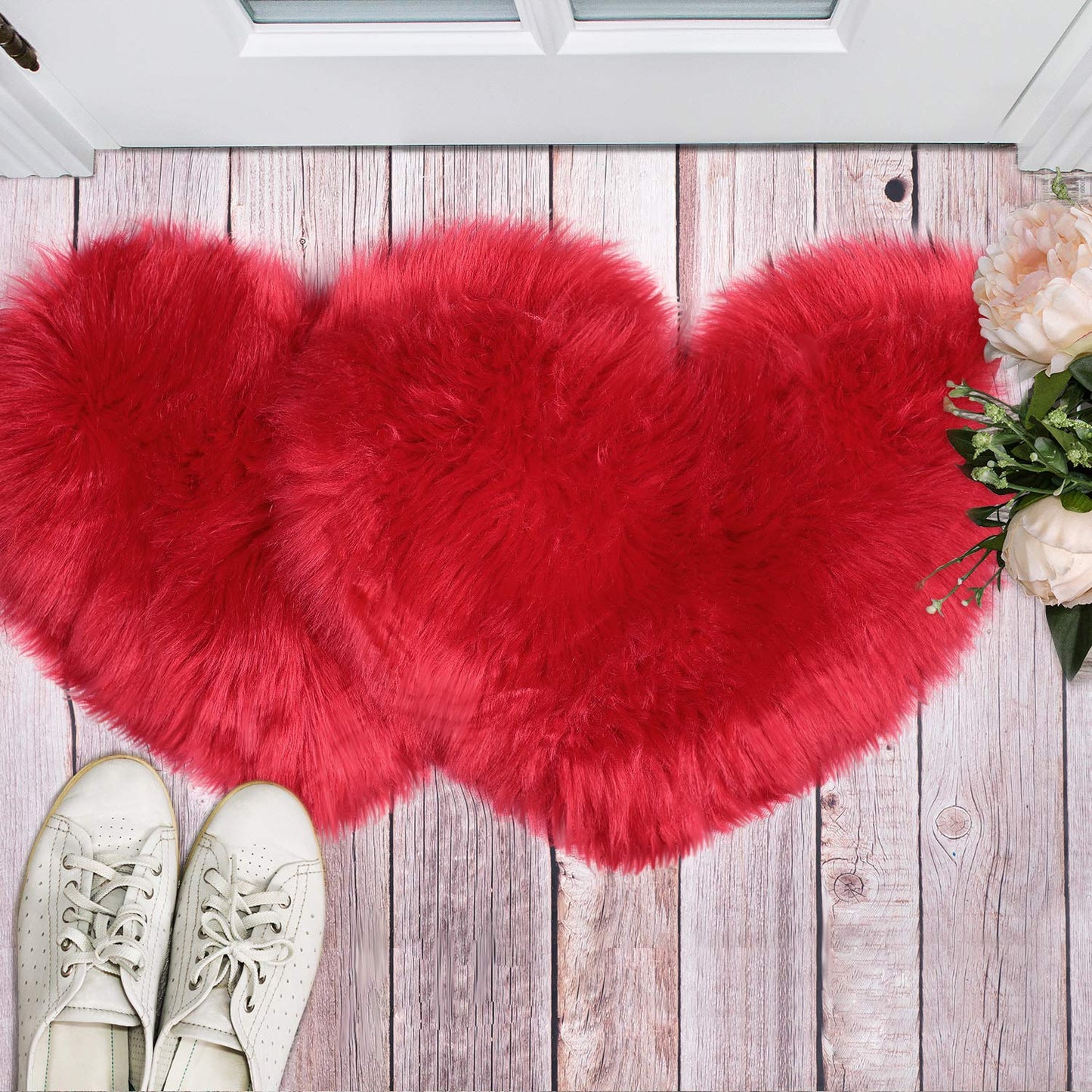 Mudder 2 Pcs Faux Fur Rug, Heart Shaped Rugs, Fluffy Decorative Mat for Room Home Chair Side, Desk Feet, Nursery, Photo Background & Valentine Decor, 12 x 16 Inch(Red)