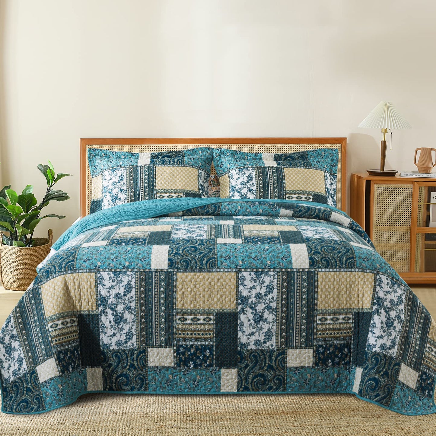 BEDIFANY Cotton Queen Size Quilt Sets, Lightweight Bedspread Queen Size Coverlet Boho Queen Quilt, Soft Farmhouse Queen Quilt Bedding Sets for Bed Decorations for All Seasons (3 Pieces, Blue)