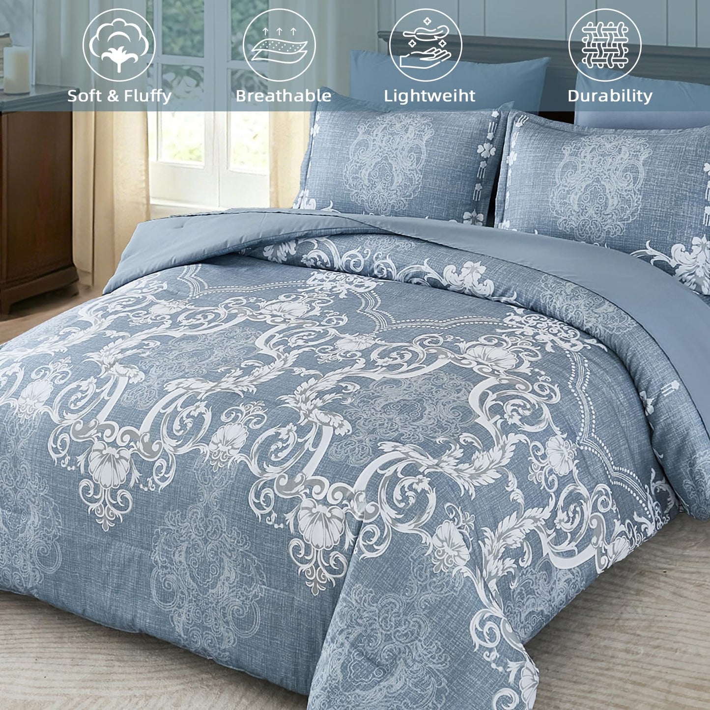 Mybedsoul Bluish Grey Queen Comforter Set, 7 Pieces Boho Bed in a Bag for Queen Bed, Damask Comforter with Sheets Pillowcases, Soft Microfiber Lightweight Bedding Sets for All Season(90"x90")