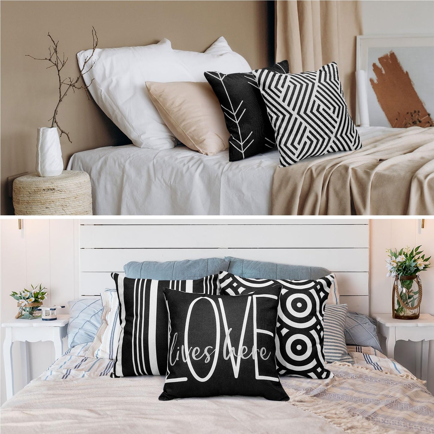 Flutesan 12 Pcs Decorative Throw Pillow Cover 18 x 18 Inch Modern Sofa Pillow case Geometric Floral Linen Square Cushion Covers for Home Living Room Bedroom Couch Chair(Black)
