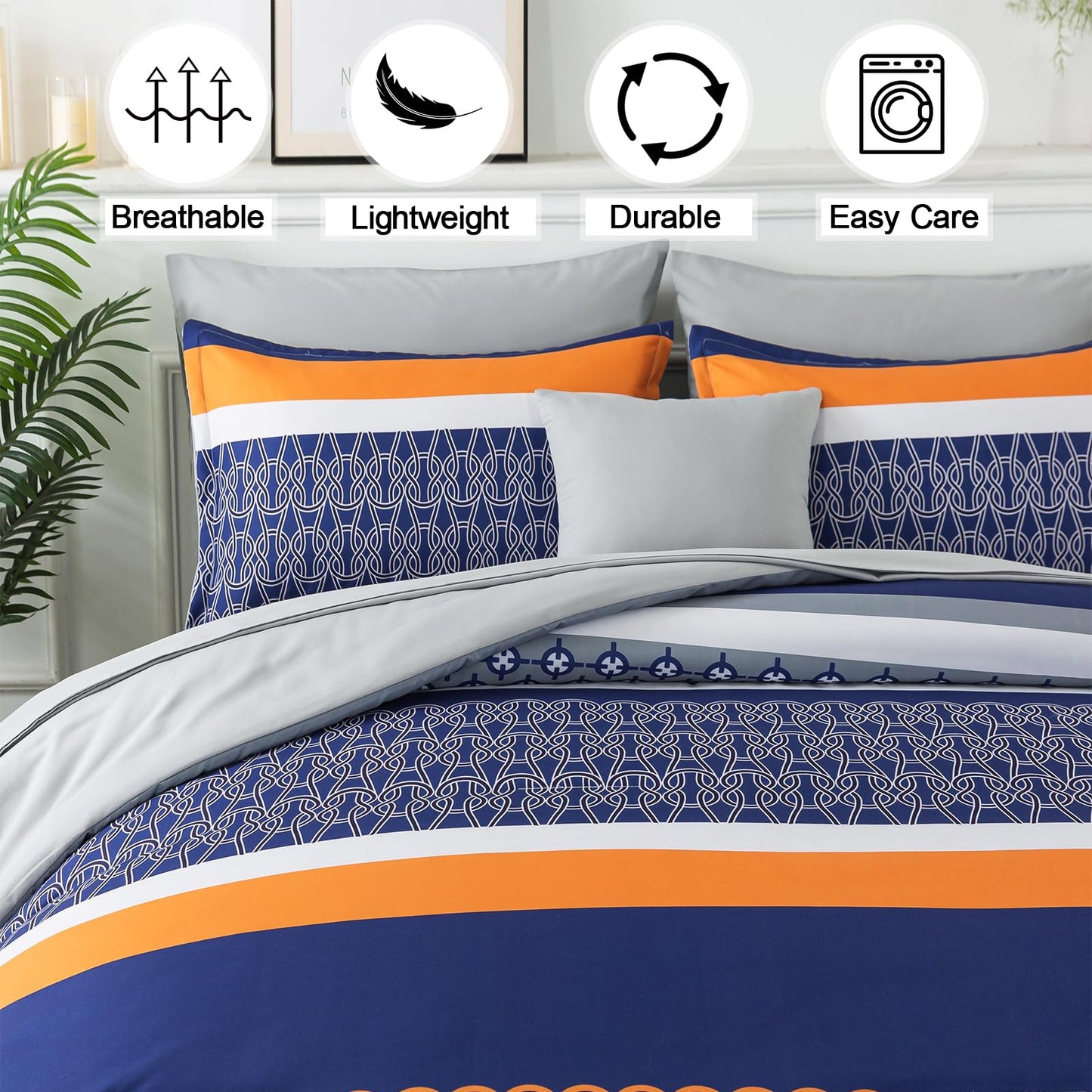 8 Pieces Bed in a Bag Stripe Comforter Set Queen Size,Blue Patchwork Striped Comforter with Sheets Set Soft Microfiber Boho Bedding Sets (Blue,Grey)