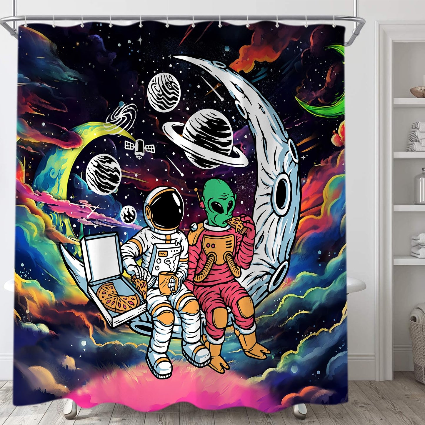 Sanzugh Funny Trippy Space Shower Curtain Astronaut Alien Curtains for Kids Men Boys Guys Bathroom, Cool Alien Planet Galaxy Fabric Shower Curtains Set Decoration with Hooks 72 X 72 inch Bath Decor
