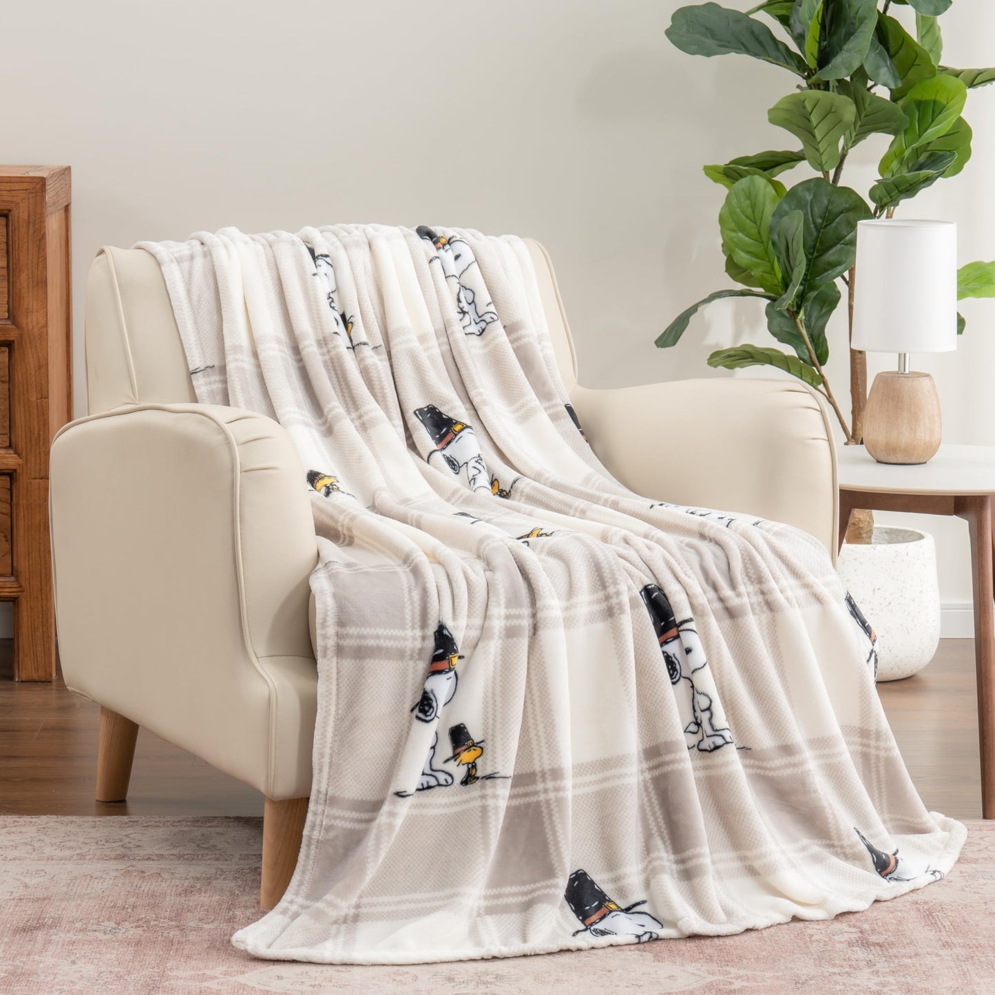 Berkshire Blanket Peanuts® VelvetLoft® Cute Character Snoopy Plush Throw Blanket,Lakeside Plaid Harvest Snoopy and Woodstock Grey,Throw 55 in x 70 in (Official Peanuts® Product)