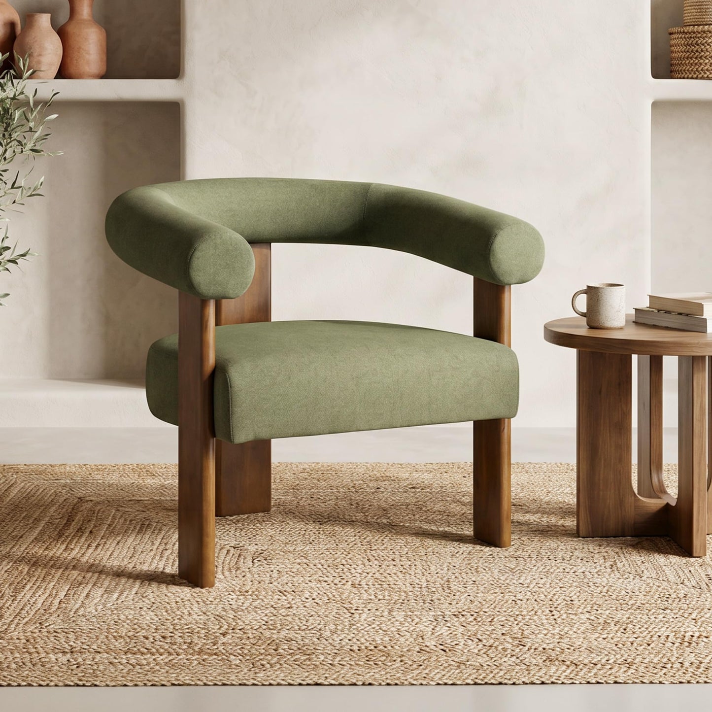 Usaint Upholstered Accent Chair, Mid-Century Modern Arm Chair Living Room Chairs with Walnut Wood Legs, Comfy Barrel Accent Chairs for Living Room, Bedroom, Vanity, Reading Room, Green