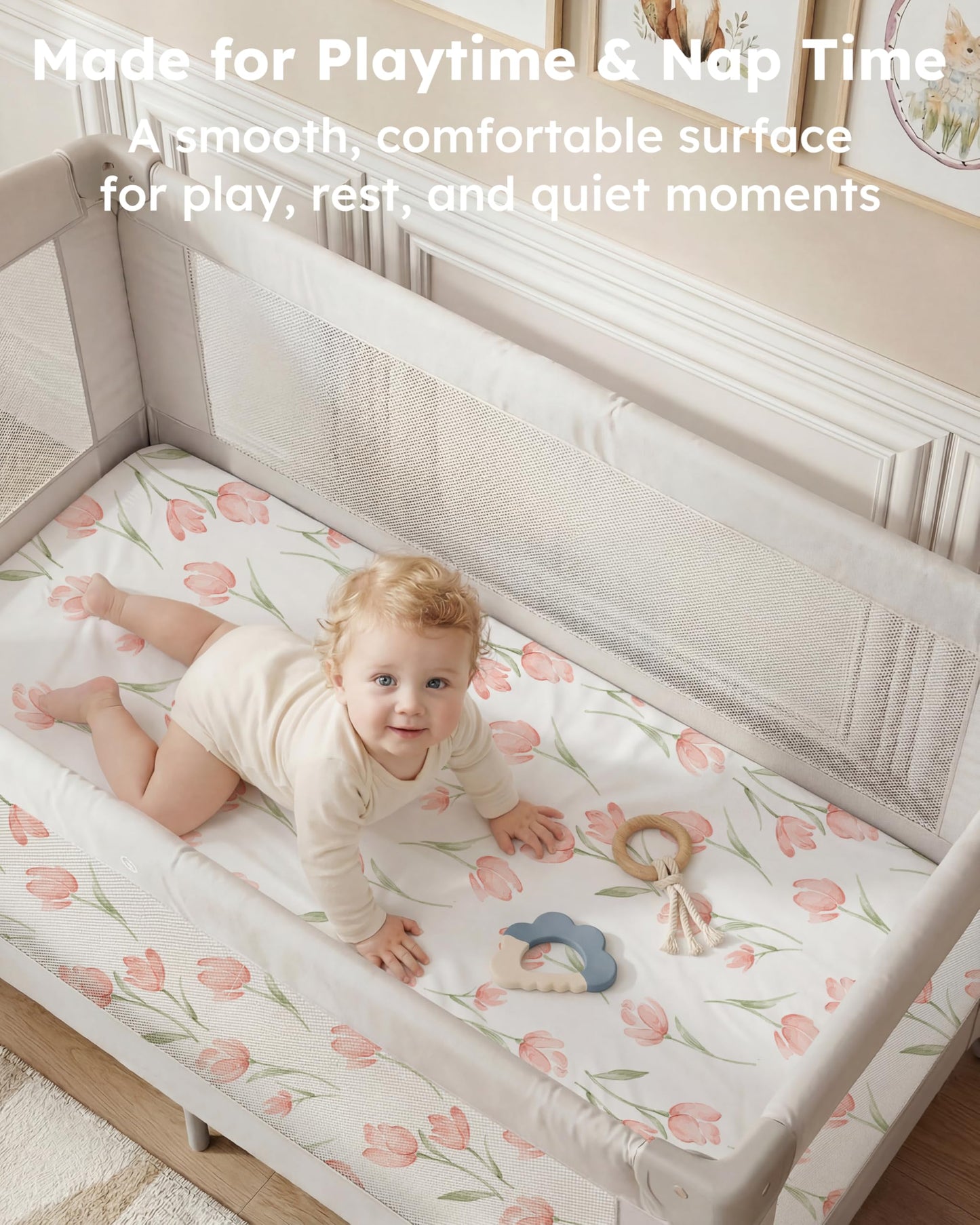 Nyessmee Mini Crib Sheets for Girls, 38" x 26" Pack and Play Fitted Sheets for Pack n Play Mattress, Soft Breathable Playard Sheets, 2-Pack Pink Tulips
