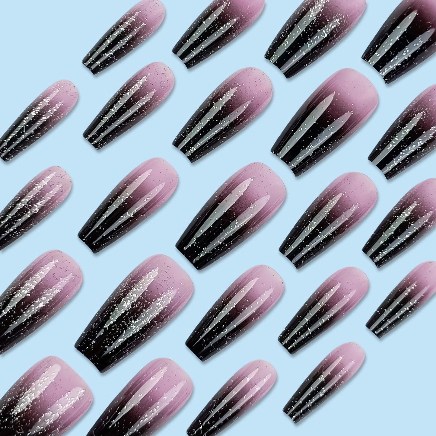 MISUD Press on Nails - Long Coffin Glue on Nails with Goth Black Purple, Acrylic Bling Glitter Design 24 pcs