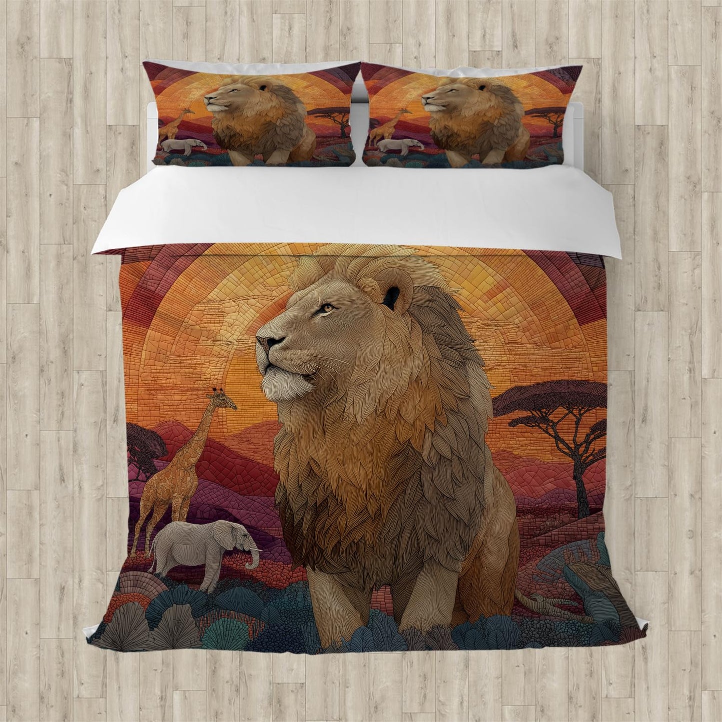 RICQLESC Lion Duvet Cover and 2 Pillow, Tropical Africa Wildlife Animal Giraffe Elephant Comforter Set, Kids Boys Girls Bedding 3 Pieces, King Size 104x90 inch