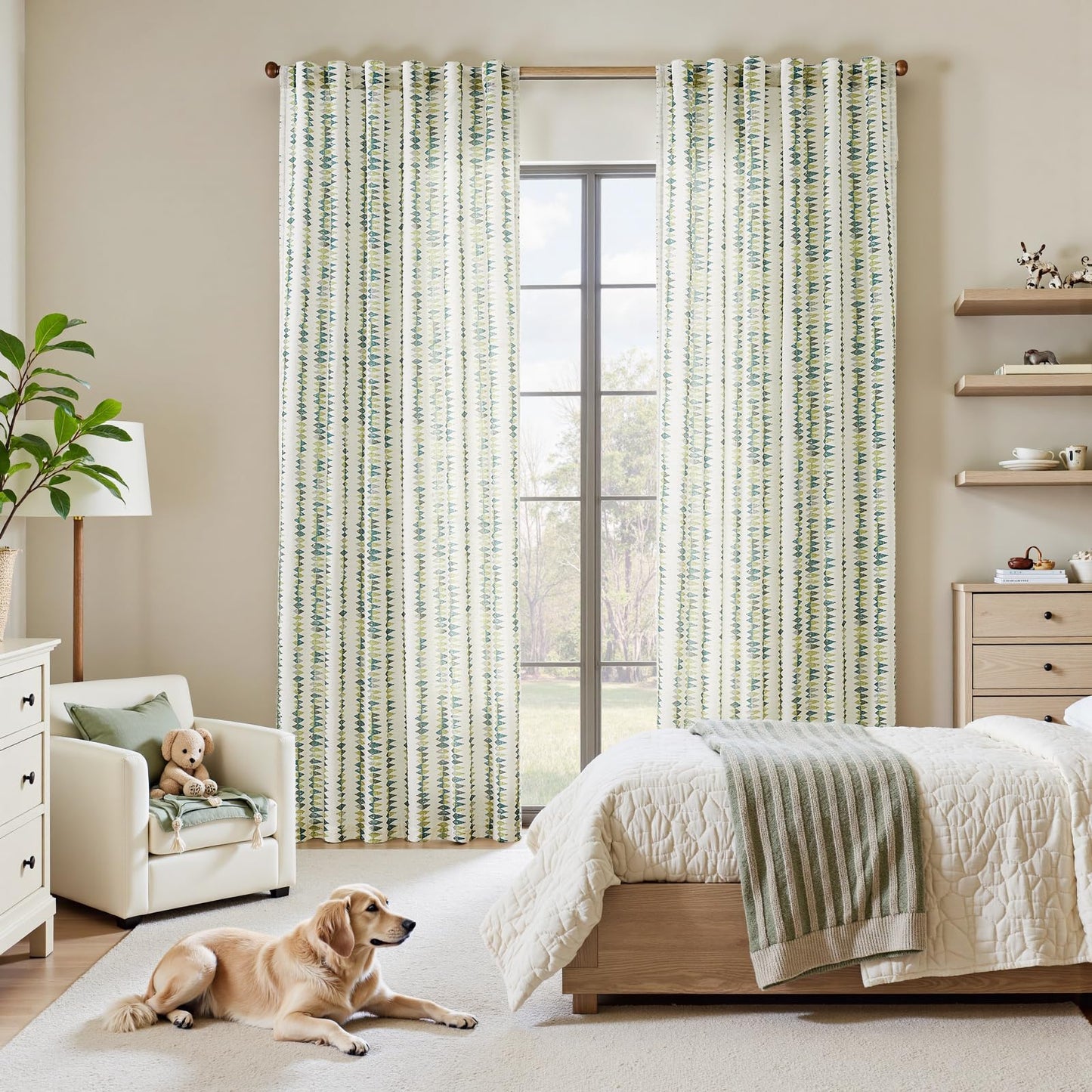 jinchan Linen Nursery Curtains for Living Room Boho Curtains for Bedroom Kids Room 63 Inches Long Geometric Printed Farmhouse Drapes Rod Pocket Window Treatment Curtain Set of 2 Panels Green
