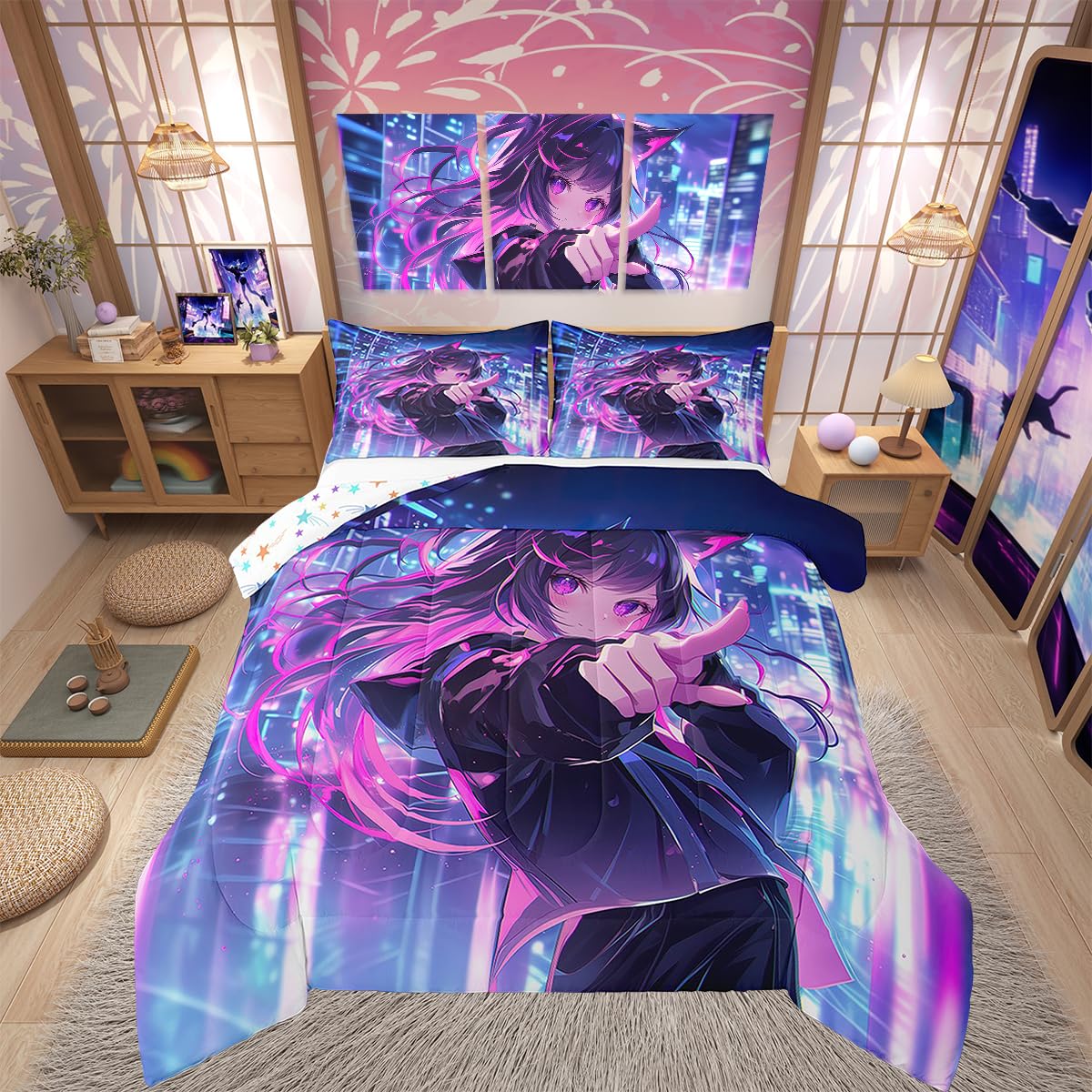 Erosebridal Kids Anime Girl Twin Size Comforter Set, Japanese Anime Bedding Set, Cartoon Girl Quilt for Boys Teens Bedroom Decor, Kawaii Japanese Animation Duvet Insert with 1 Pillow Case
