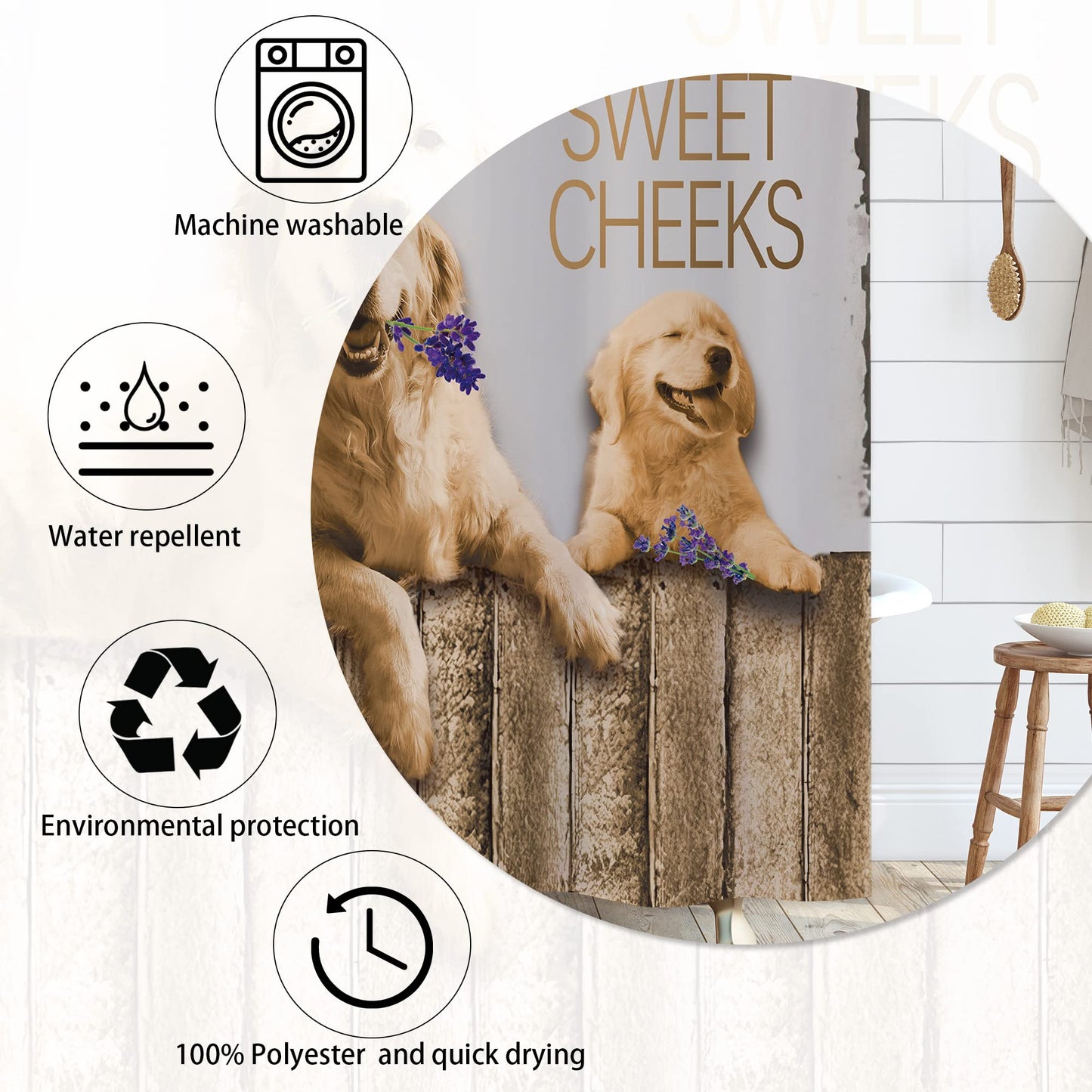 Laifzere Funny Dog Shower Curtain - Farmhouse Western Rustic for Bathroom Set, Wooden Fun Farm Retro Animal Hello Sweet Cheeks Fabric for Bathtub 72x72 Inch With Hooks
