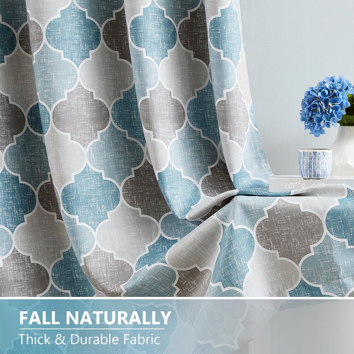 Ronaldecor Full Blackout Geometric Print Curtains 84 Inches Long 2 Panels Gray Blue Moroccan Drapes Room Darkening Thermal Insulated Grommet Top Window Treatments Set for Bedroom Living Room, 52" W