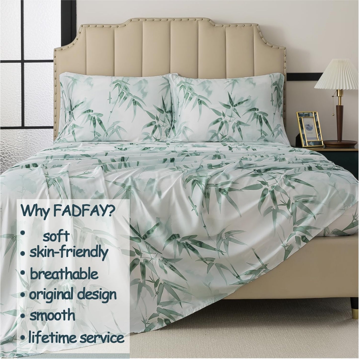 FADFAY Twin Size Sheet Set, 70% Viscose Derived from Bamboo, 30% Cotton 4 Pieces Country Style Green Leaves Print Bedding, Deep Pocket Fitted Sheet