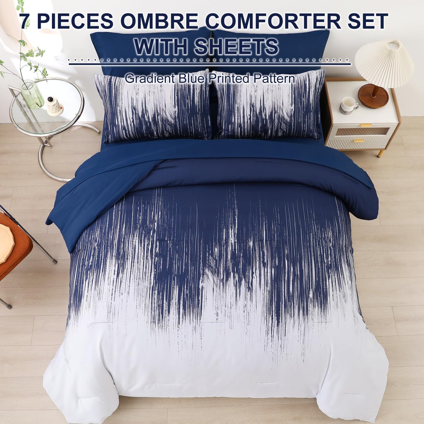Dinjoy Ombre Blue Comforter Set Queen Size Gradient Navy Blue White Boho Bedding Set for Teen Men Women 7 Pieces Bed in A Bag Bohemian Bed Set with Comforter, Sheets, Pillowcases & Shams