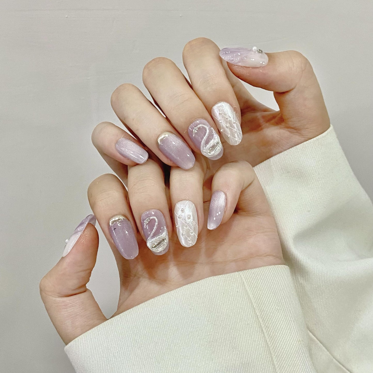 NLSJMP Handmade Press on Nails,Reusable False nails,Acrylic Fake Nails Kit,Luxury glitter pearl purple white silver rhinestone Design Nail Art Kit,Include Toolkit,10pcs,Size L，#1991