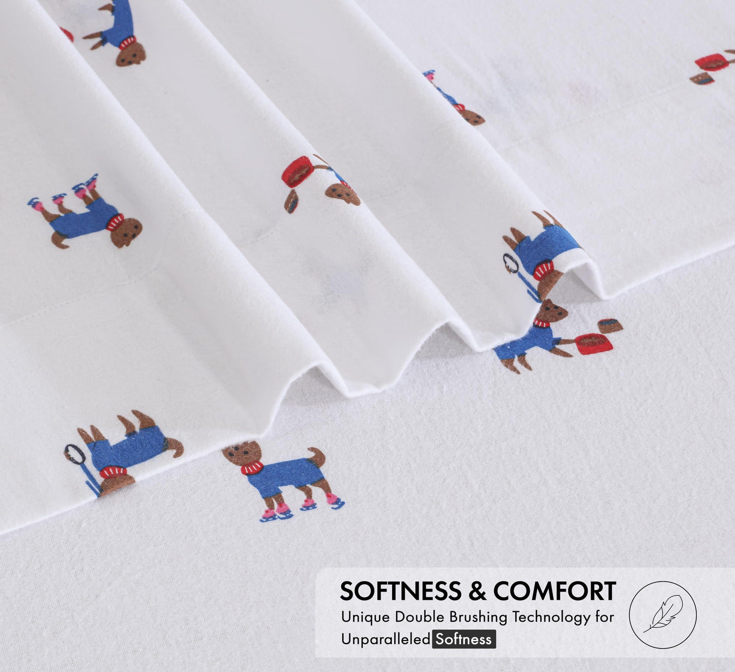 RUVANTI Flannel Sheets Queen Size - 100% Cotton Double Brushed Bed Sheets, Deep Pockets 16 Inches Queen Sheet Set, All Seasons Breathable & Extra Soft - Warm & Cozy, 4 Piece, Puppy Playoff