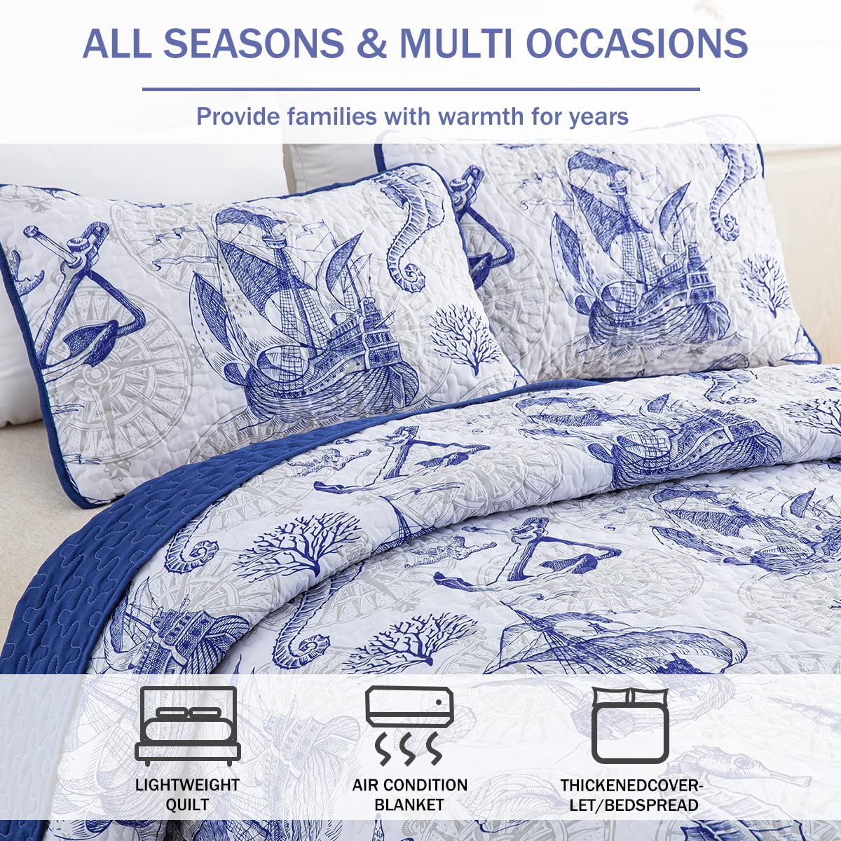 DJY Blue Quilt Set King Nautical Beach Quilt Coverlet Set Coastal Seahorse Bedspread with 2 Pillow Shams Lightweight Coastal Bedding Quilt Set for Adults Teens Kids (3 Pieces, 90"x104")