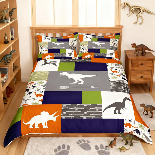 Dinosaur Bedding Set Queen,Dinosaur Silhouette Comforter Cover for Boys Girls,Kids Arrow Printed Duvet Cover Set Blue Orange Green Bedspread Cover Fashion Teens Bedroom Decor 3 Pcs Bed Collection