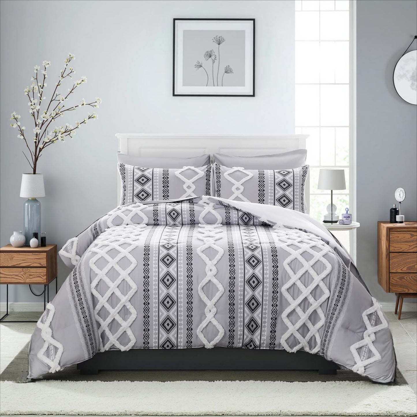 MOVE OVER Gray Tufted Comforter Set Queen Size 7 Pieces Bed in A Bag Farmhouse Bedding Comforter Sets Boho Aztec Sheet Set and Comforter Set Modern Boho Tufted Bedding Set for All Seasons