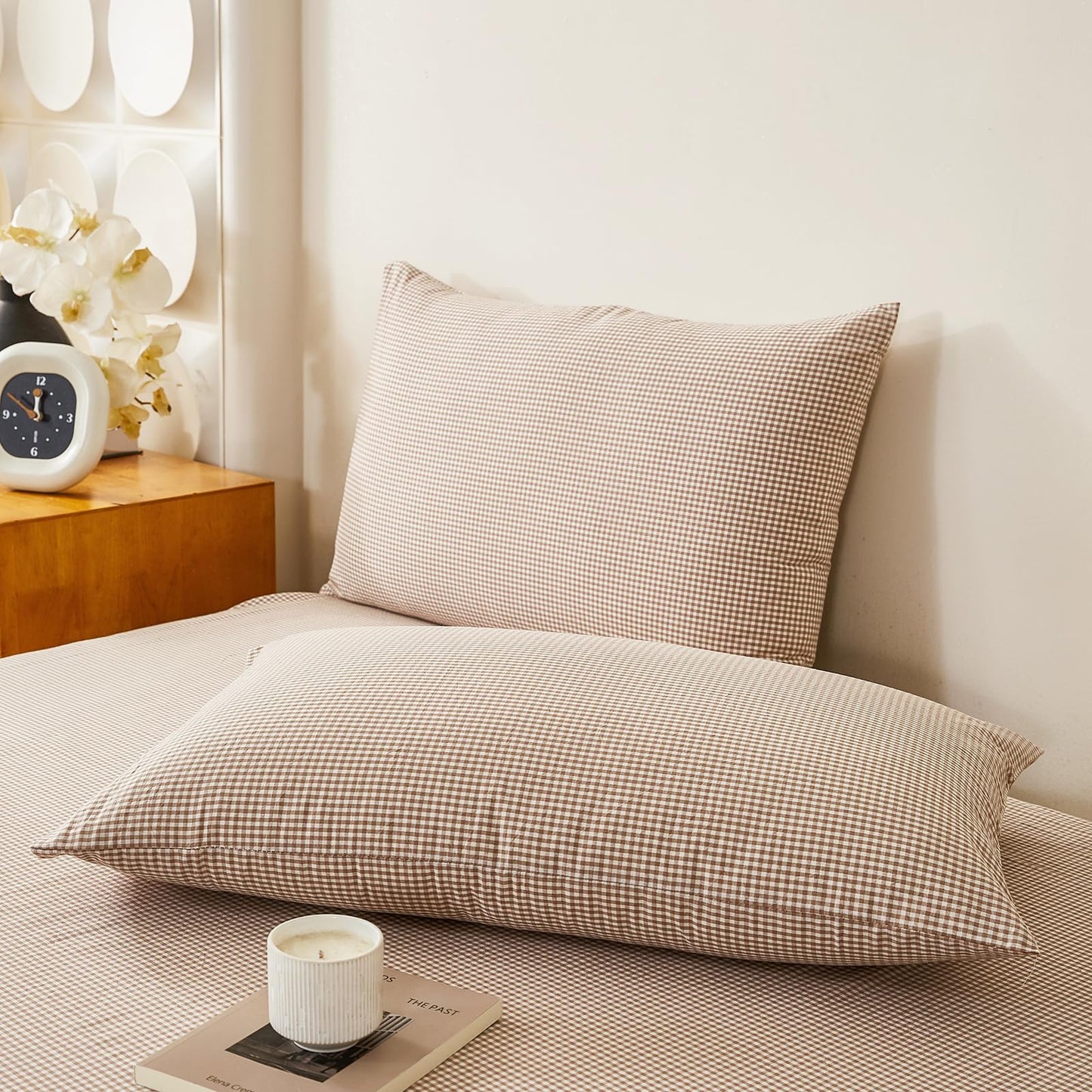 VM VOUGEMARKET Tan Paid Duvet Cover Queen 100% Washed Cotton Like Linen Bedding Set Soft Breathable 3 Piece Mini Gingham Checkered Comforter Cover Set (Queen 90"x90", Comforter Not Included)