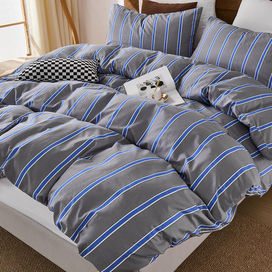 Merryword 100% Cotton Comforter Set King Size - Blue and Gray Striped Comforter with 2 Pillowcases, Luxury & Silky Soft Comforter Set for All Seasons