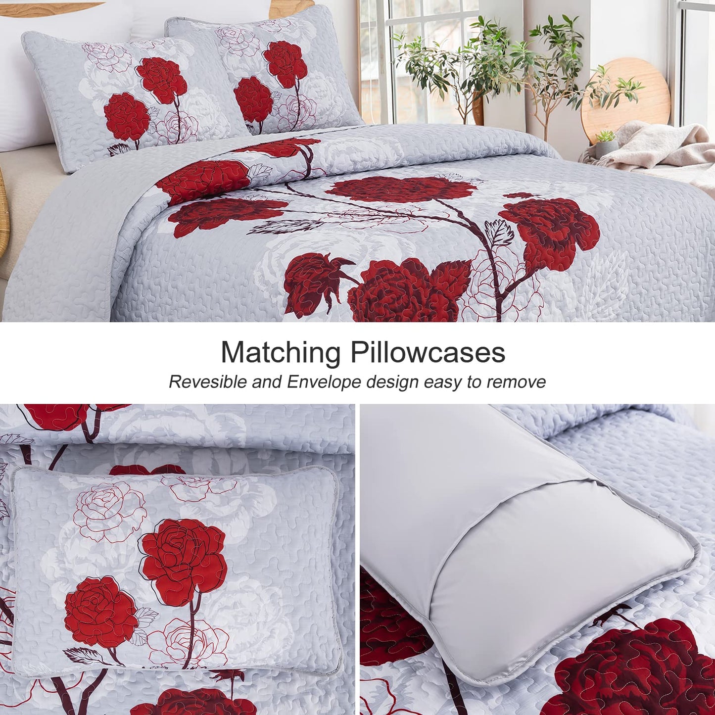 Anibedding Floral Quilt Set King Size,Elegant Red Floral Printed Bedspread Coverlet 3 Pieces Soft Microfiber Bedding Set with 2 Pillowcases for All Season(104"×90")