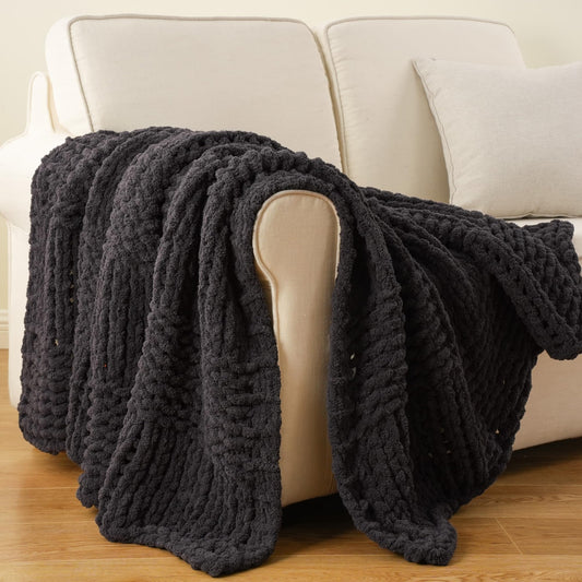 Bunnikins & Clover Dark Grey Throw Blanket for Couch, Chunky Knit Blanket Throw for Sofa & Home Decor, Soft and Cozy Charcoal Throw Blankets, 50"x60"