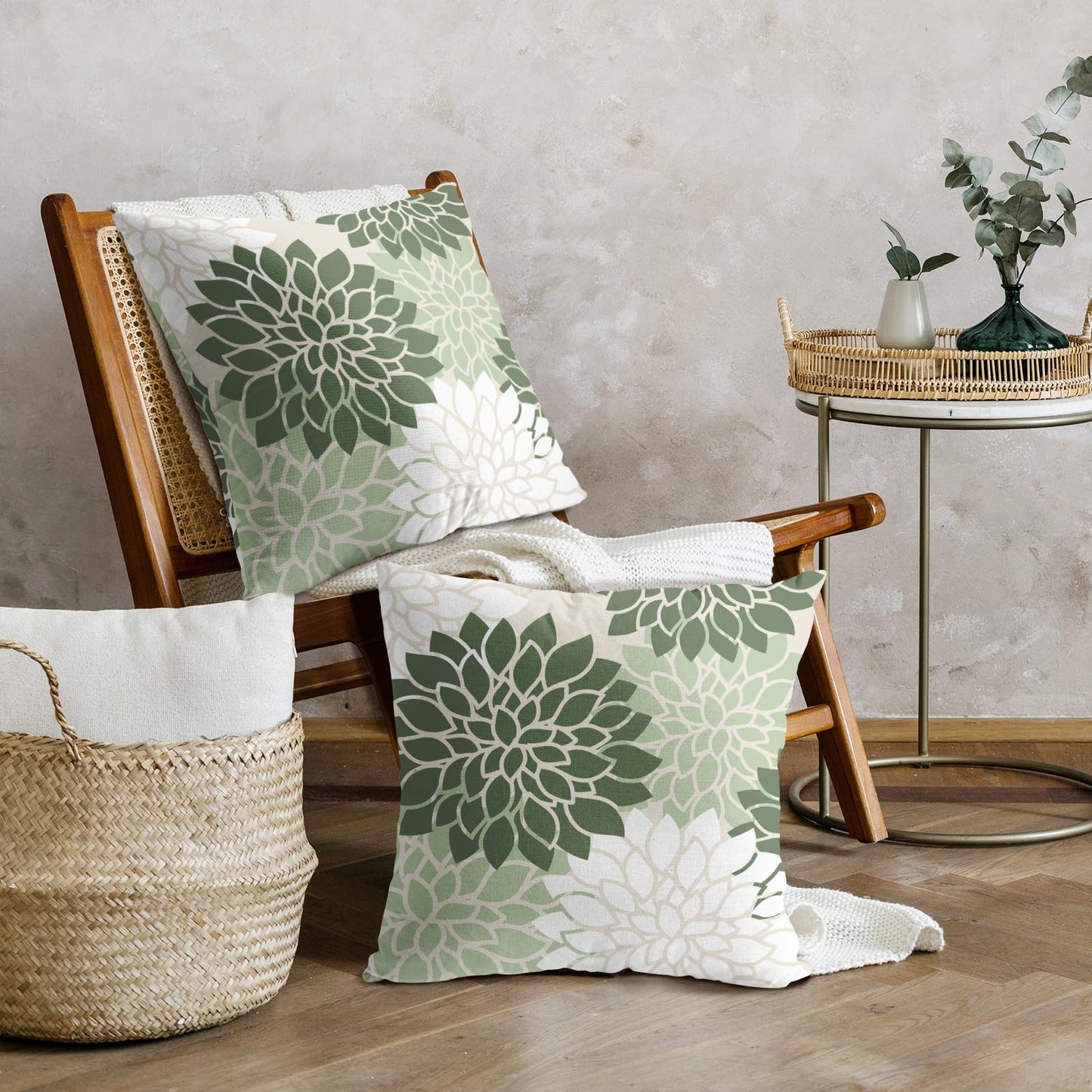 aportt Sage Green White Floral Pillow Covers 18X18 Inch Set of 2 Geometric Dahlia Flower Decorative Pillow Cases Modern Cotton Linen Cushion Case Farmhouse Home Decor for Sofa Couch Bedroom
