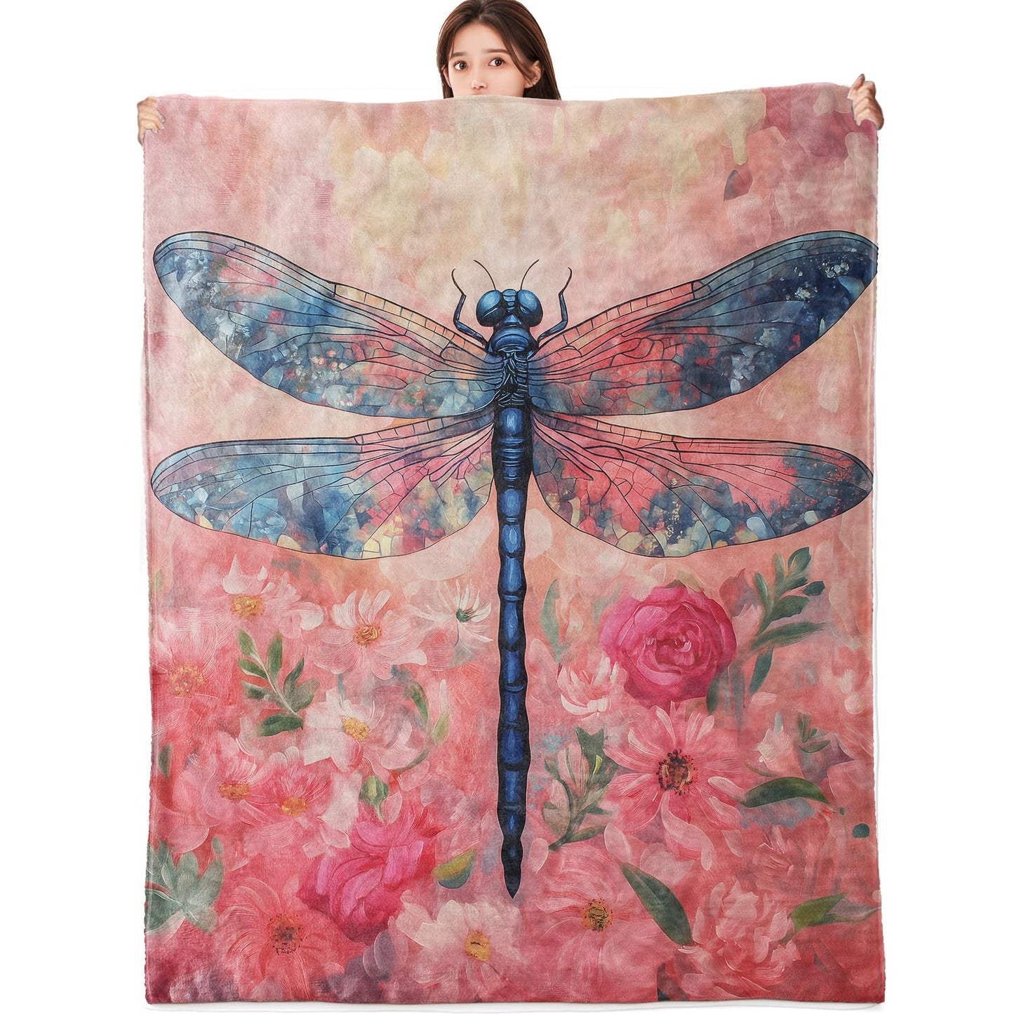 vnlvnl Dragonfly and Floral Blanket Lightweight Flannel Blankets Gifts for Adults Oil Painting Style with Blue Wing and Pink Flower Printed Throw for Couch Chair Office Bedroom Decor, 60x50inch