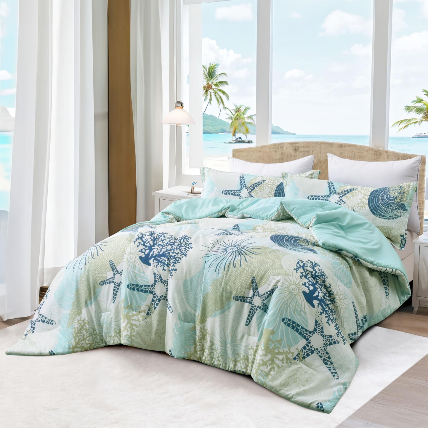 Tritard Coastal Comforter Set King Size 3 Piece, Soft Beach Themed Comforter, Ocean Nautical Lightweight Bedding Sets for All Seasons, (1 Reversible Comforter and 2 Pillow Shams), 104''x90'', C6