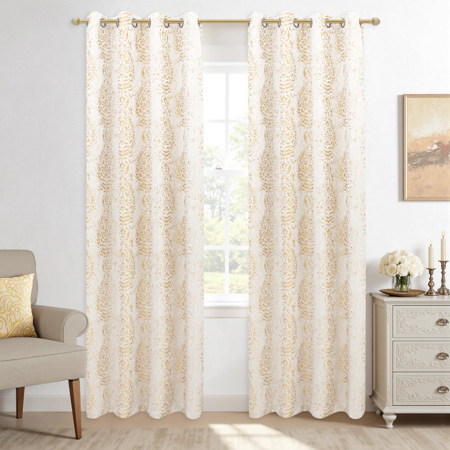 KOUFALL Gold Patterned Elegant Curtains for Living Room, Blackout Damask Pattern Luxury Modern Design Contemporary Curtains for Bedroom, Wide 52 x 84 Inches Long, 2 Panels Set