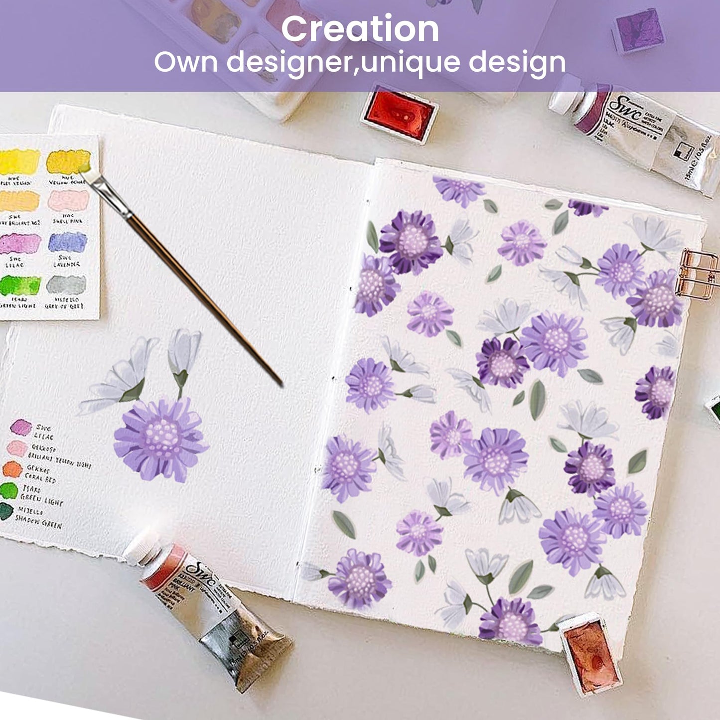Softan Puple Floral Queen Sheet Set, 4-Piece Microfiber Printed Fitted Sheet with 15" Deep Pockets & Non-Slip Straps, White Flower Patterned Bedding Sheets & Pillowcase Set