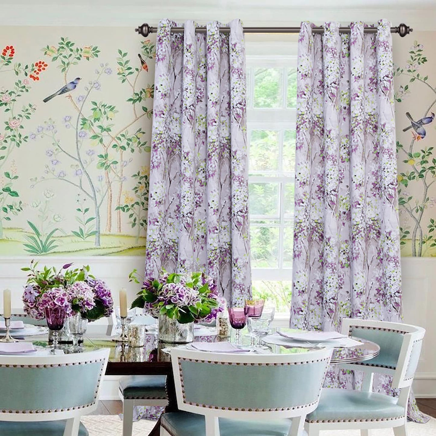 MYSKY HOME Purple Curtains 84 Inch Long 2 Panel Thermal Insulated Half-Blackout Flowers and Leaves Printed Curtains with Grommet