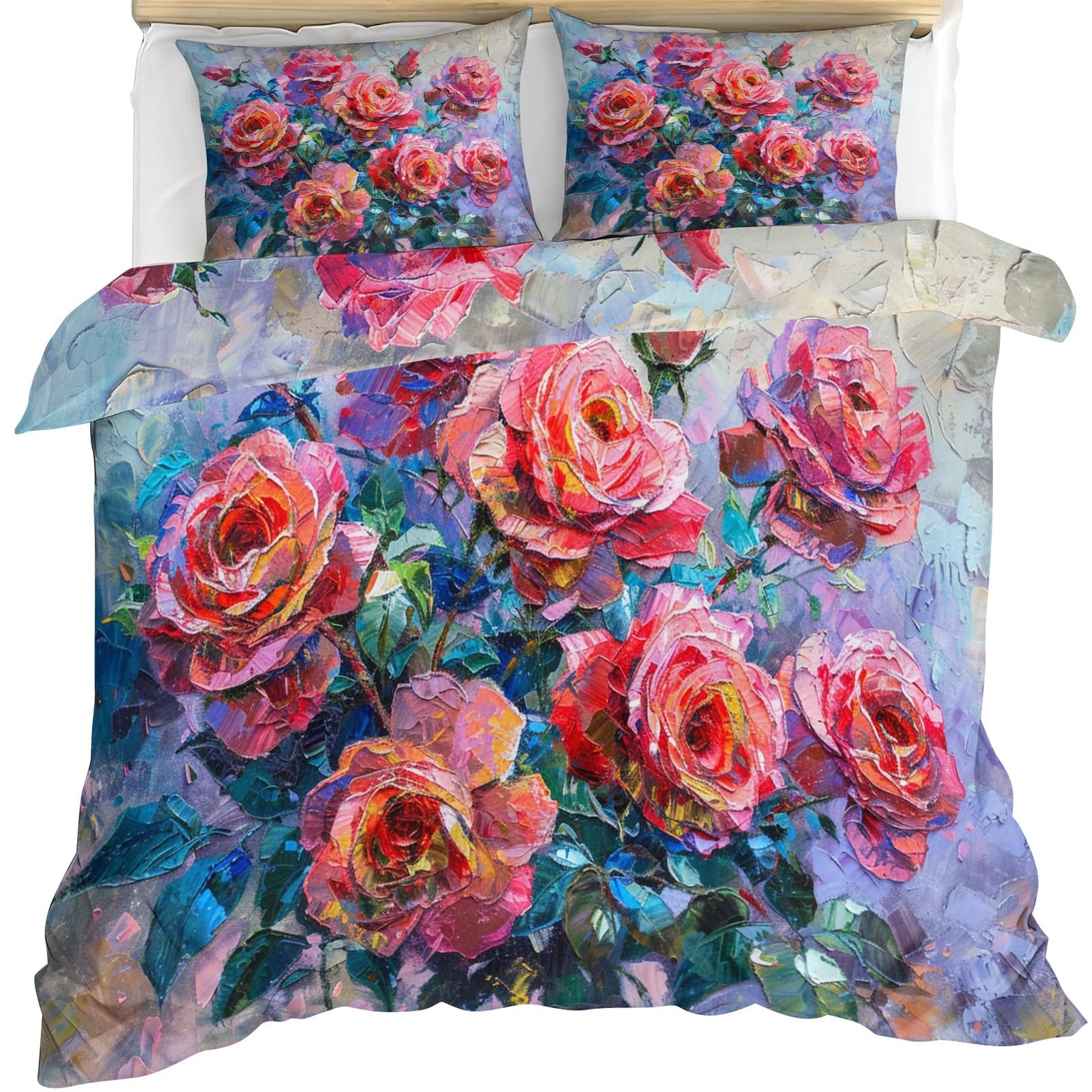 QINYUN Rose Flowers Comforter Set Oversized King, Vibrant Floral Bedding Set 3 Piece, Red Rose Blooming Duvet Cover with Zipper & Ties, 2 Pillowcases