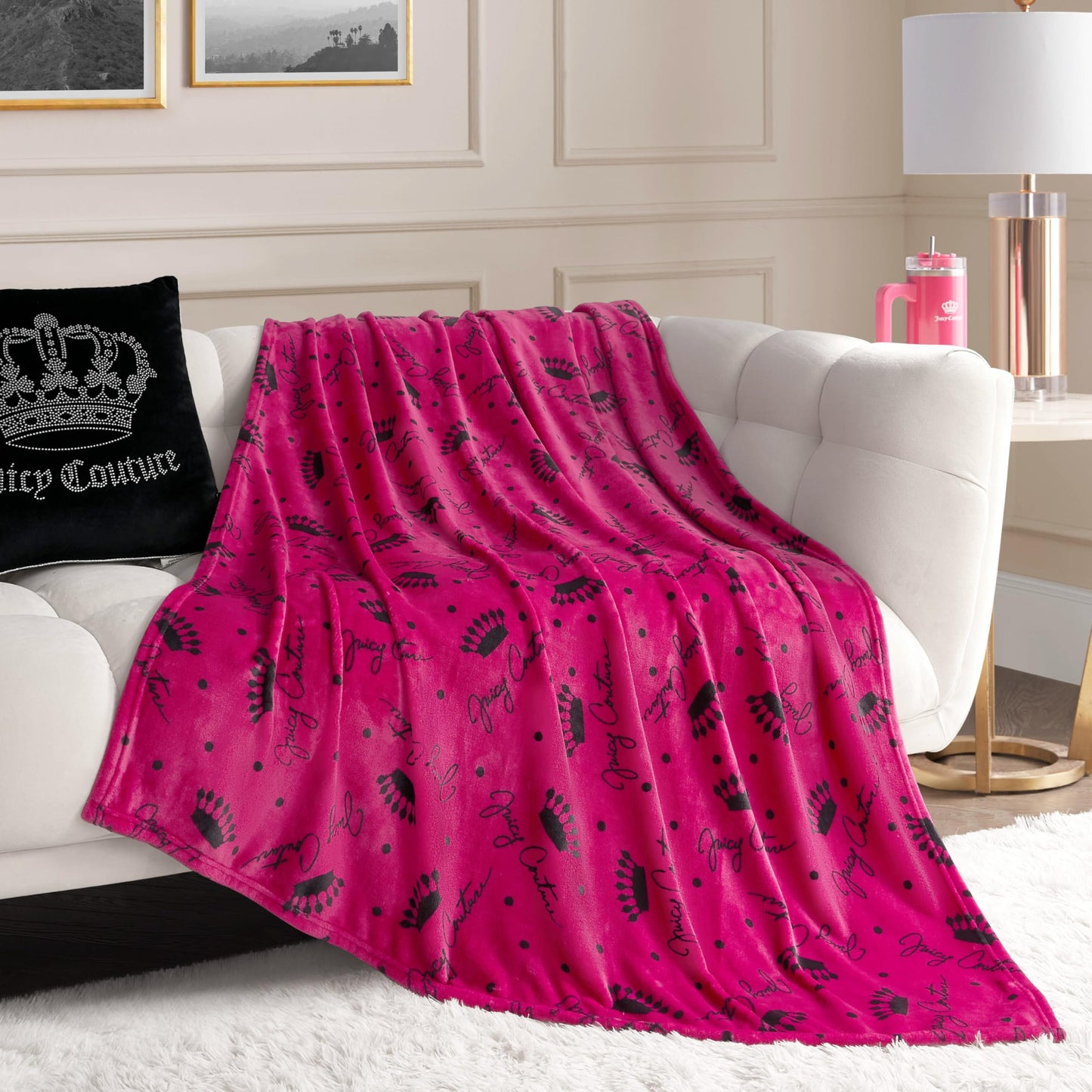 Juicy Couture Luxurious Throw Blanket for Couch - 50” x 70” Inches - Crown Royal Blanket - Plush & Cozy Throw Blanket - Decorative Blankets for Sofas, Throws for Chairs, and Beds – Hot Pink