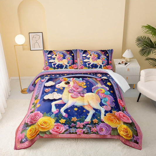 QOOMO Cute Unicorn Kids Full Comforter Set 3Pcs Colorful Flowers Bedding Set for Girls Boys Cartoon Animal Printed Comforter with 2 Pillowcases Lightweight Microfiber for All Seasons
