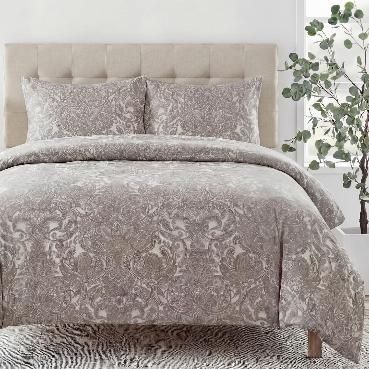 MOVE OVER 100% Cotton Duvet Cover Set Queen Size, Boho Paisley Bedding Set with Zipper Closure & Corner Ties, Soft Breathable Taupe Paisley Floral Duvet Cover for All Seasons
