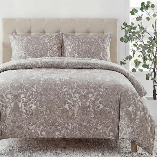 MOVE OVER 100% Cotton Duvet Cover Set Queen Size, Boho Paisley Bedding Set with Zipper Closure & Corner Ties, Soft Breathable Taupe Paisley Floral Duvet Cover for All Seasons