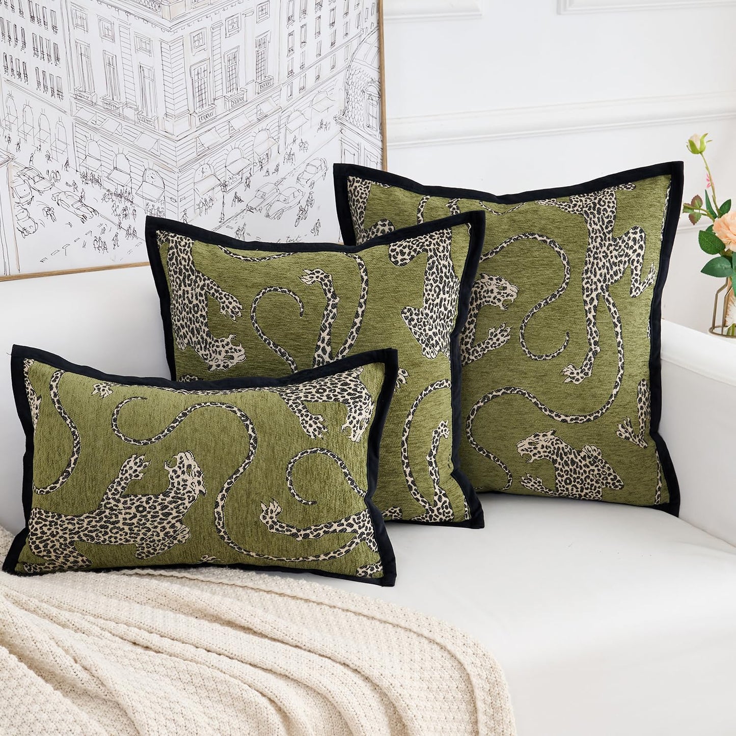 HERAYLI Premium Series, Snow Leopard Throw Pillow Covers, Animal Jacquard Cushion Cases for Home Decor, Chenille Velvet Double-Sided Designs, Dark Green, 18 x 18 inch, Covers Only