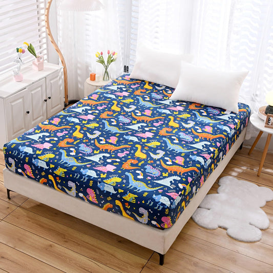 NATURETY Bedding Fitted Sheet with Deep Pocket for Boys Girls Twin Bed,Dino Printed Thicken Fabric Bed Sheets (Navy Blue(Dinosaur), Twin)