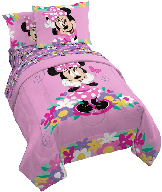 Disney Minnie Mouse 5 Piece Twin Bed in a Bag - Kids Comforter Set with Sheets & Sham, Super Soft Fade Resistant Brushed Microfiber, Machine Washable Girls Bedding, Pink (Official Disney Product)