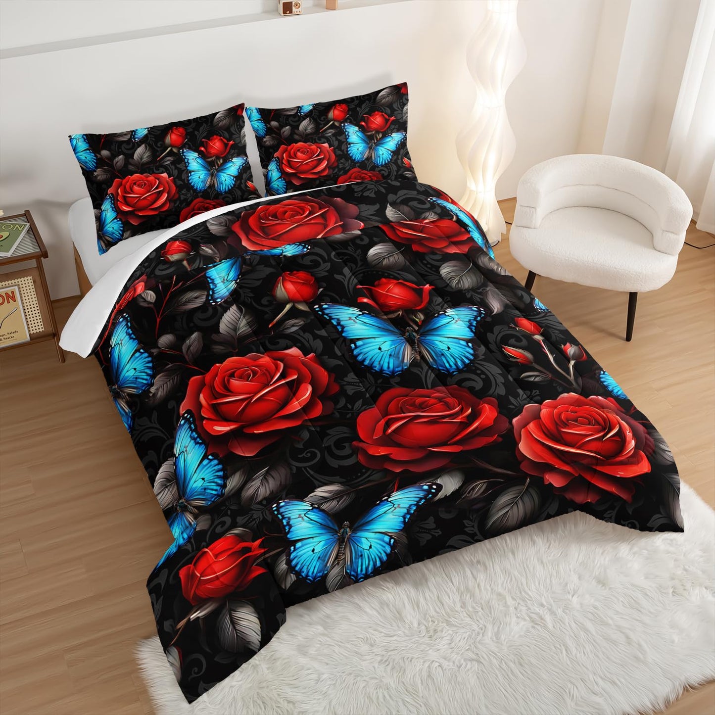 UEVBF Black Red Rose Comforter Sets,Blue Butterfly Comforter Set Twin Bedding Sets for Girls Women Bedroom Decor,Romantic Floral Themed Bedding Soft Lightweight Comforter Sets with 2 Pillowcases.