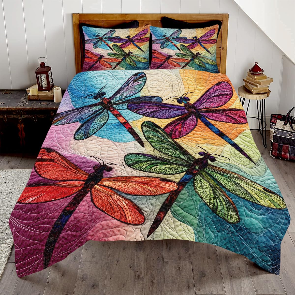 LUSHIS Patchwork Quilt Set, Patchwork Throw Bedspread Bed Sets - Animals Coverlet Sets All Season Soft Microfiber Lightweight Bedding Set (Dragonfly #3)