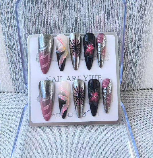Handmade Press on Nails Long Stiletto False Nails Black French Tip Fake Nails with 3D Flower Designs Sparkly luxury Artificial Nails for Women 10pcs (Size M）