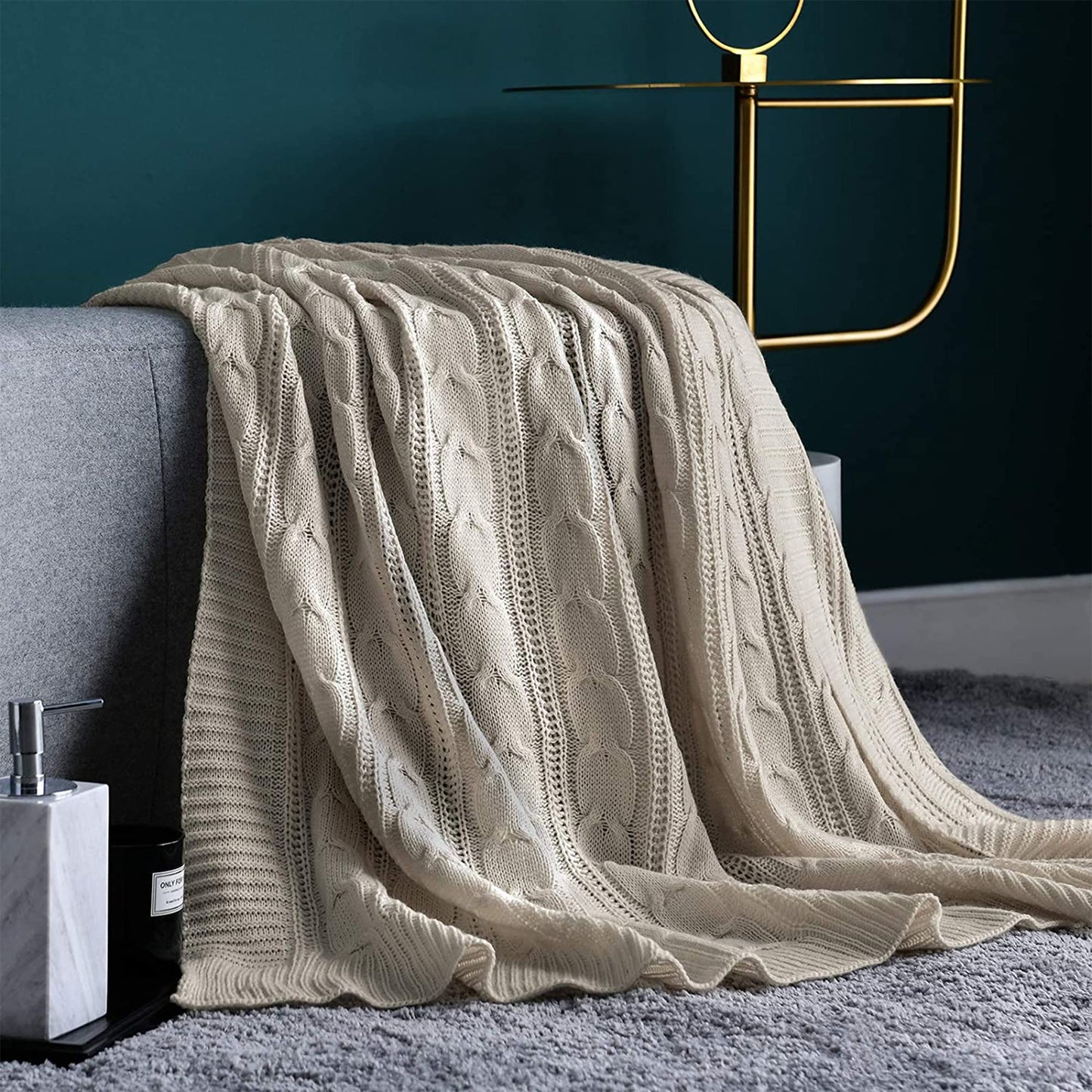 jinchan Cable Knit Throw Blanket for Couch Lightweight Soft Cozy Twin Size Throw Blanket Taupe Decorative Throws for Modern Farmhouse Living Room Bedroom 60"x80" Accent Throw for Gifts